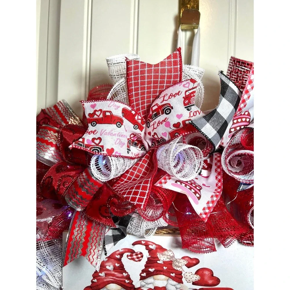 Handmade Valentine’s Gnome LOVE Truck Ribbon Prelit Wreath 22 ins LED W15